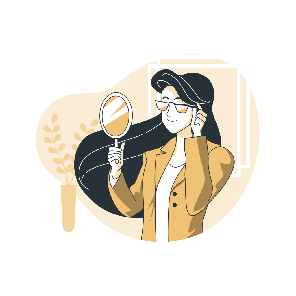 lady in jacket and wearing glasses with long hair looking at a handheld mirror