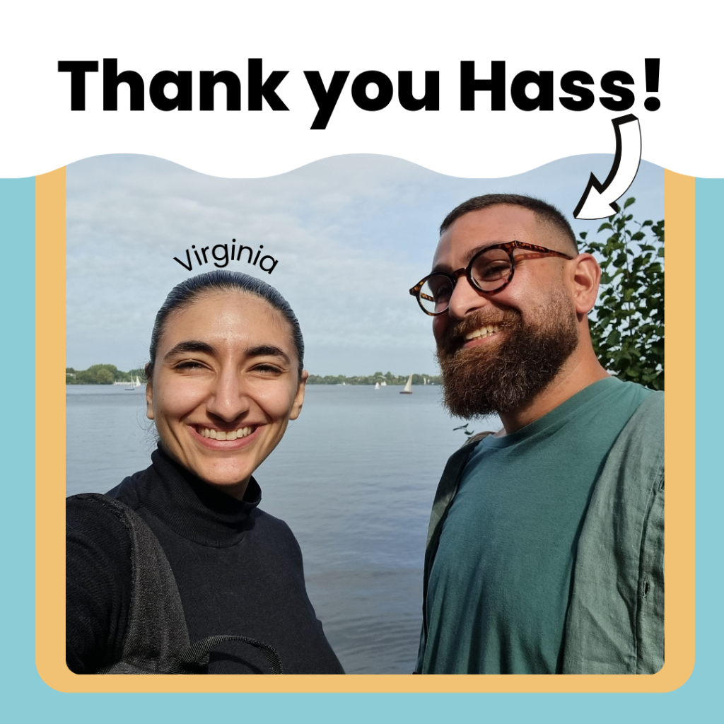 Virginia and Hass with a view of the River Elbe in Germany behind them, both smiling at the camera and the words Thank you Hass above them.